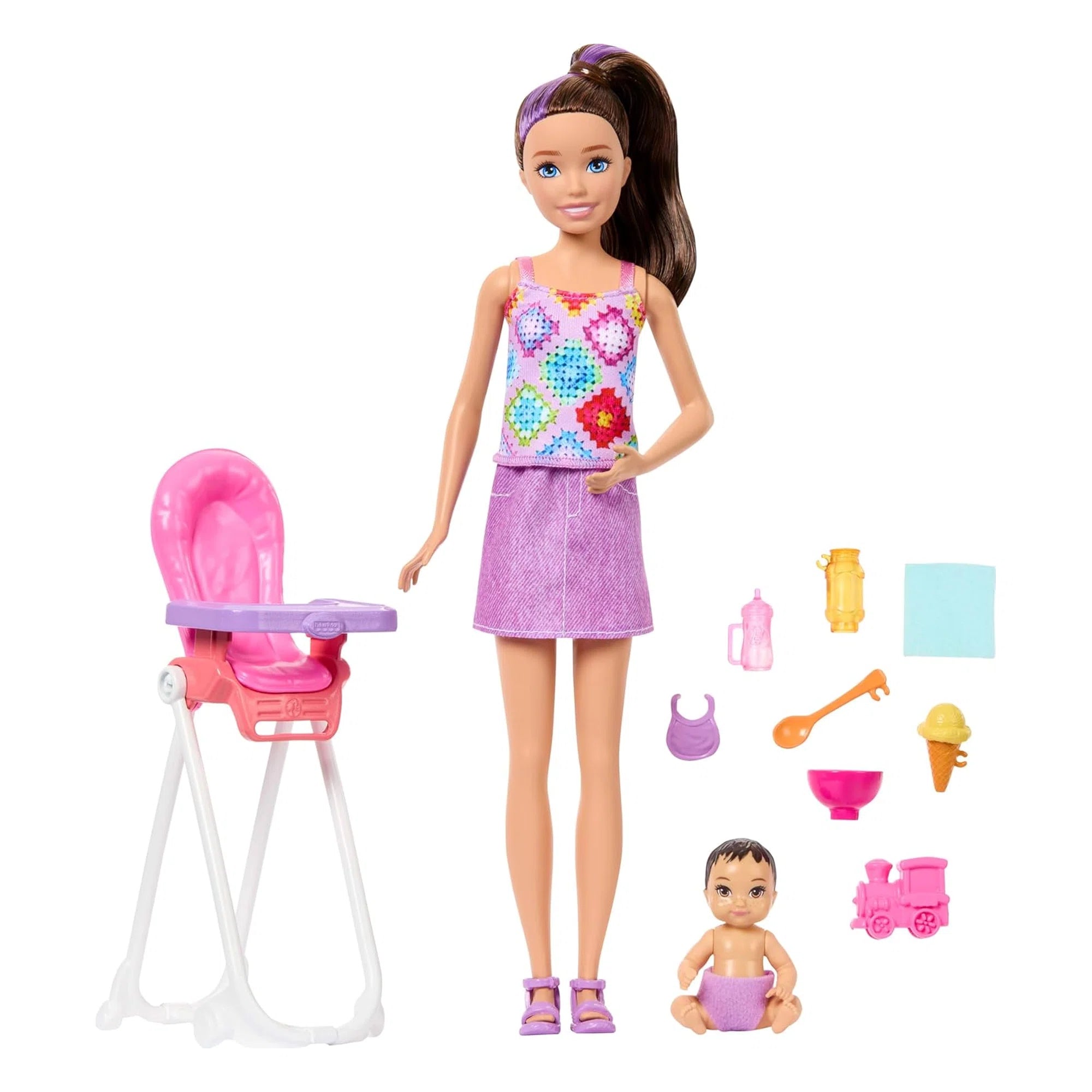 barbie-skipper-babysitters-inc-playset-brunette-doll-brunette-toddler-doll-high-chair-food-hakoo-box-con-accesorios
